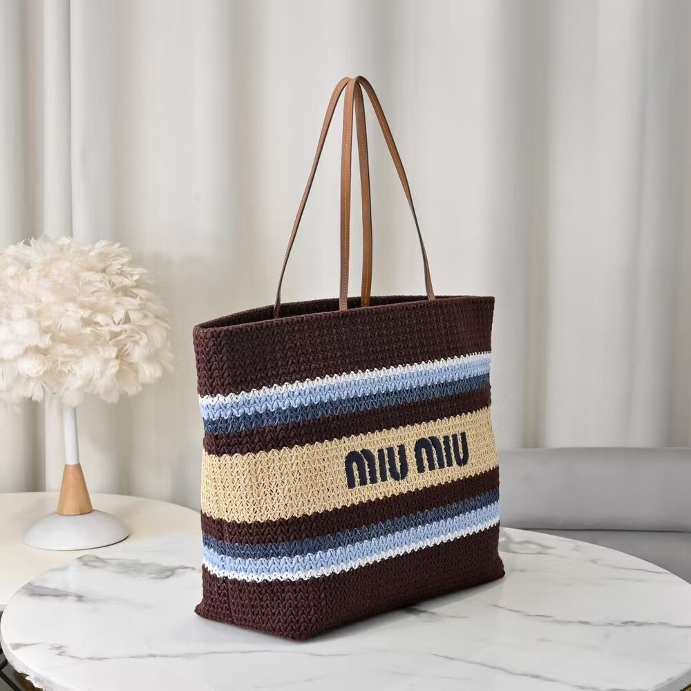 Miu Miu Brown Striped Woven Tote Bag